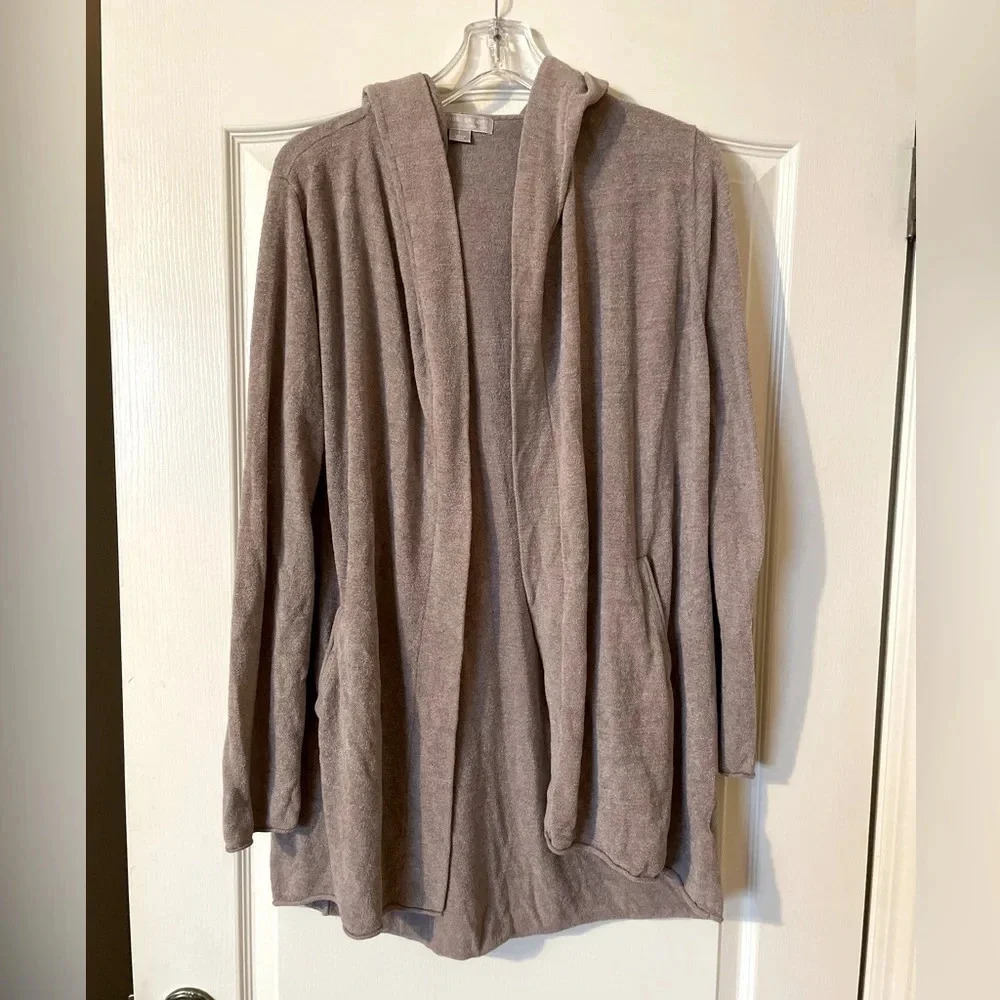 Barefoot Dreams Resort Cardi Hooded Knit Cardigan Sweater CozyChic Lite Size L